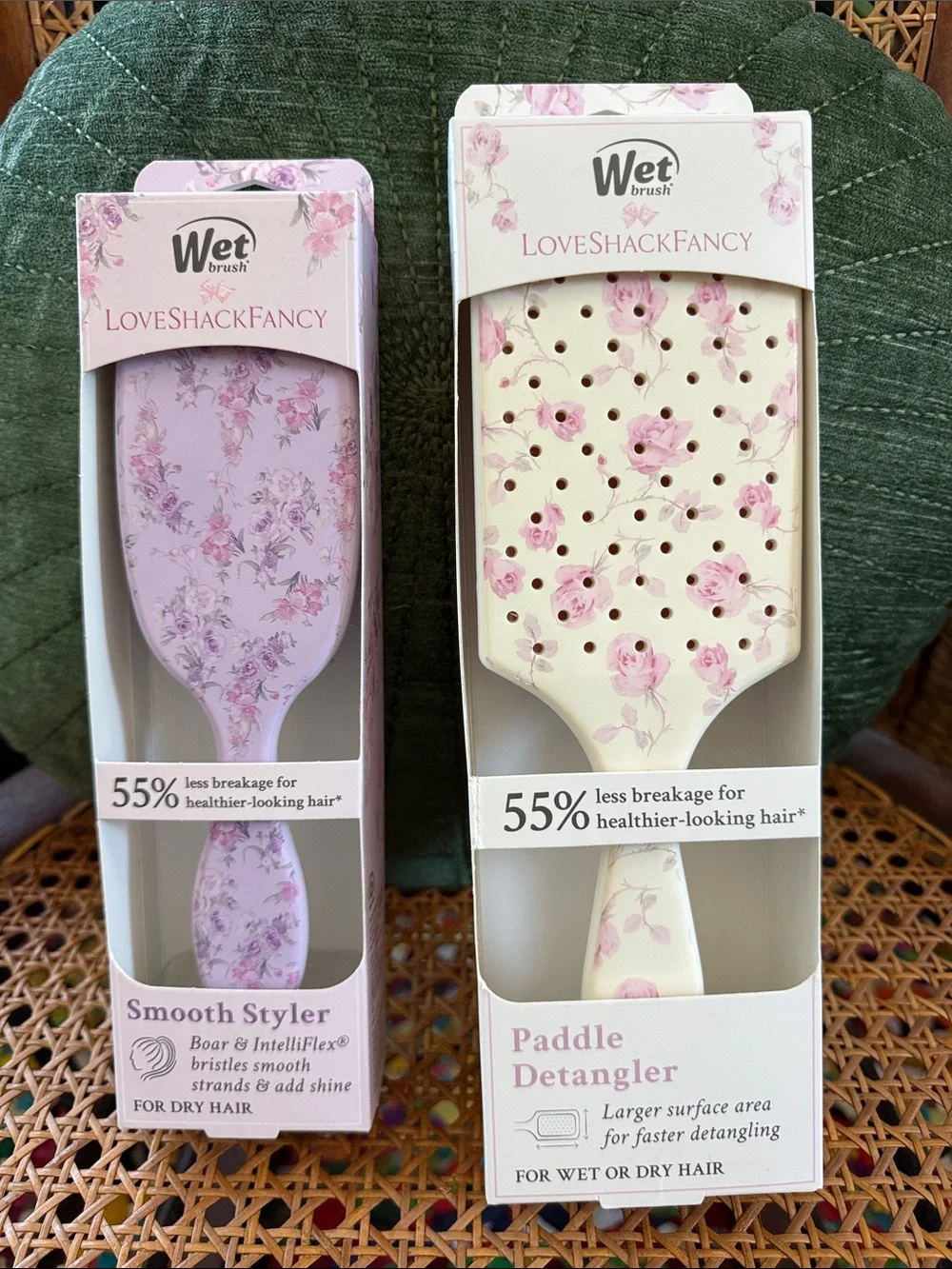NIP LoveShackFancy Wet Brush Cottage Floral Style & Detangle Brush Set
